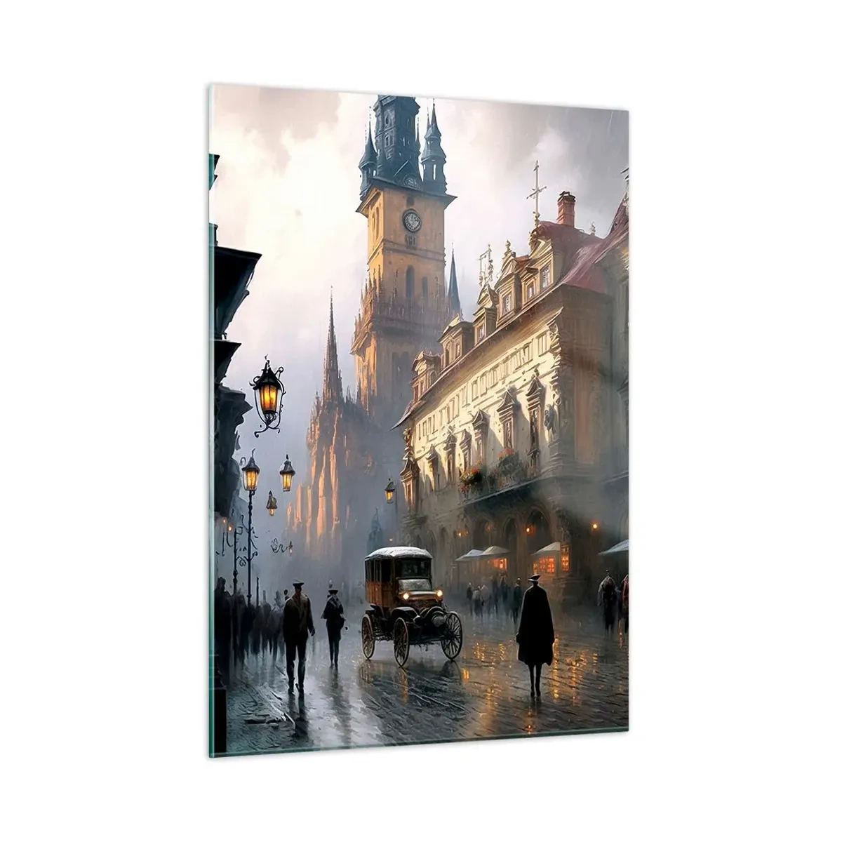 Impression sur verre - Image sur verre - Une rue historique éclairée par des lanternes au crépuscule - 50x70cm - Le charme d'une soirée pragoise - Décoration murale moderne pour le salon et la chambre ARTTOR