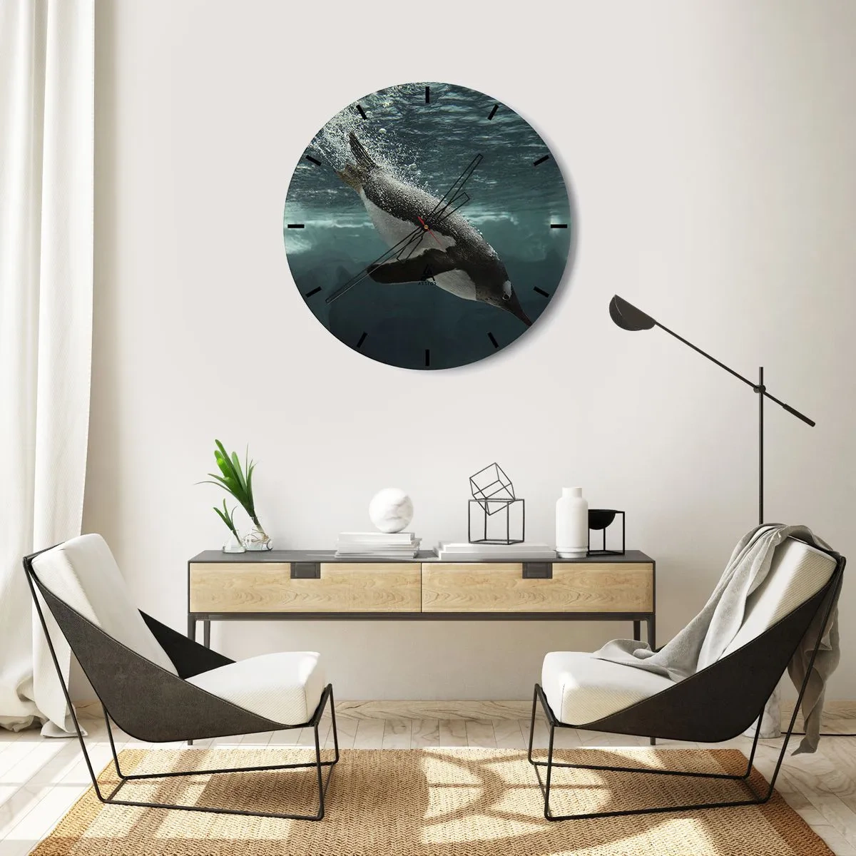 Horloge murale - Pendule murale - Une photo dynamique d'un pingouin nageant sous l'eau - 30x30cm - Bienvenue dans mon monde - Décoration murale moderne pour le salon, la cuisine et la chambre ARTTOR