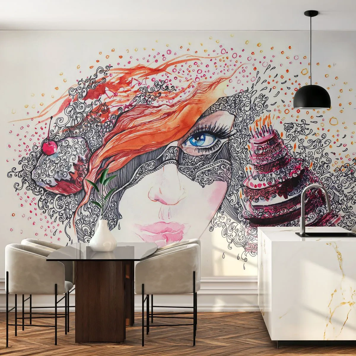 Papier Peint Photo Premium Sand - Portrait d'une femme avec un masque et un fond fantastique - 100x70cm - Avec elle, c'est tous les jours la fête - Décoration murale moderne pour le salon et la chambre ARTTOR