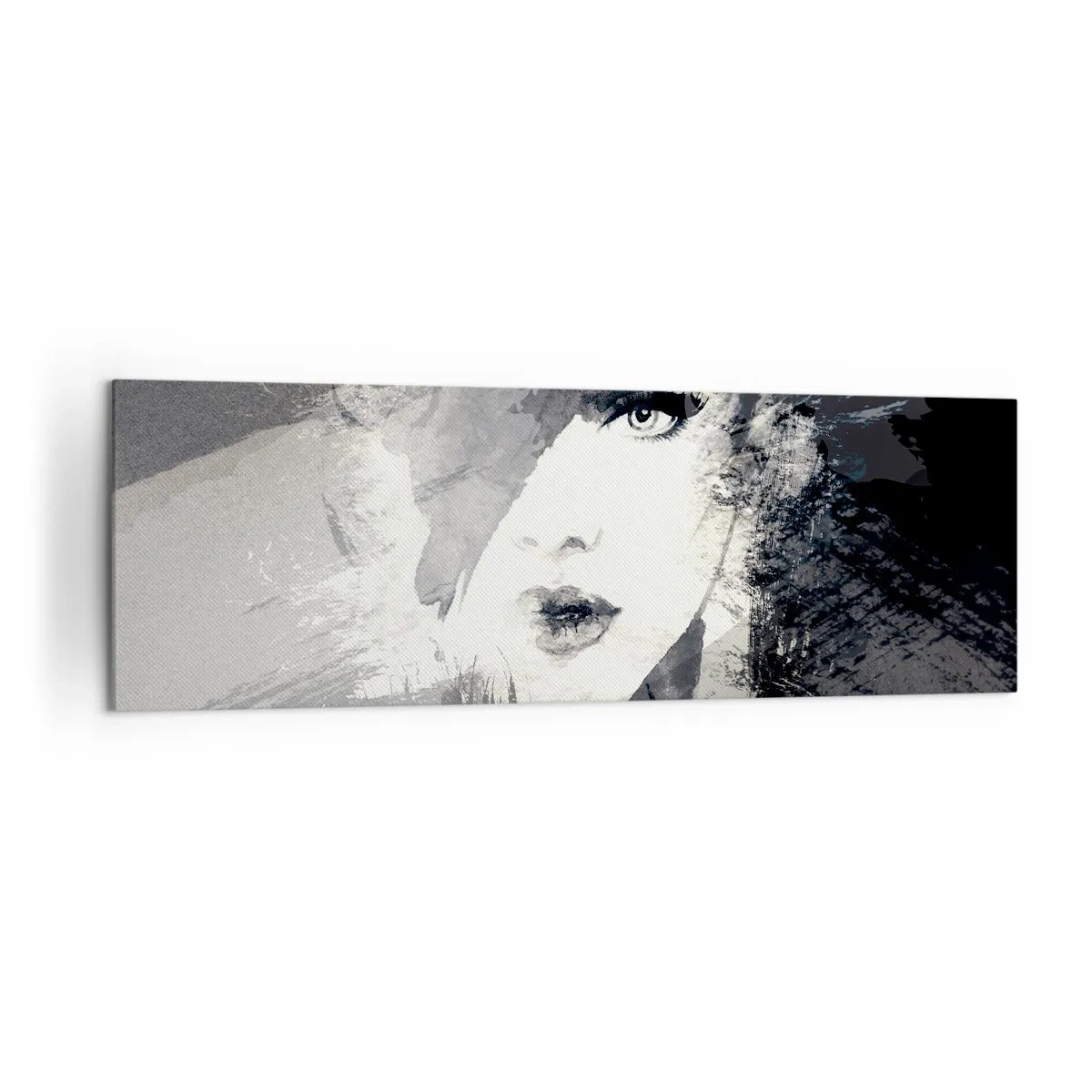 Impression sur toile - Image sur toile - Un portrait abstrait d'une femme dans des tons de gris avec des accents délicats. - 160x50cm - Derrière un voile gris - Décoration murale moderne pour le salon et la chambre ARTTOR