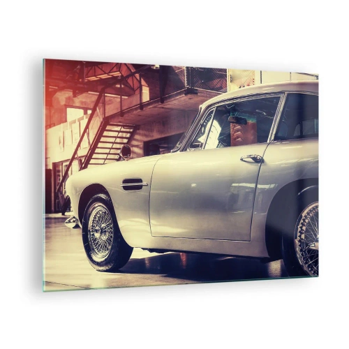 Impression sur verre - Image sur verre - Une voiture classique dans un intérieur de garage élégant - 70x50cm - Les classiques ne vieillissent pas - Décoration murale moderne pour le salon et la chambre ARTTOR