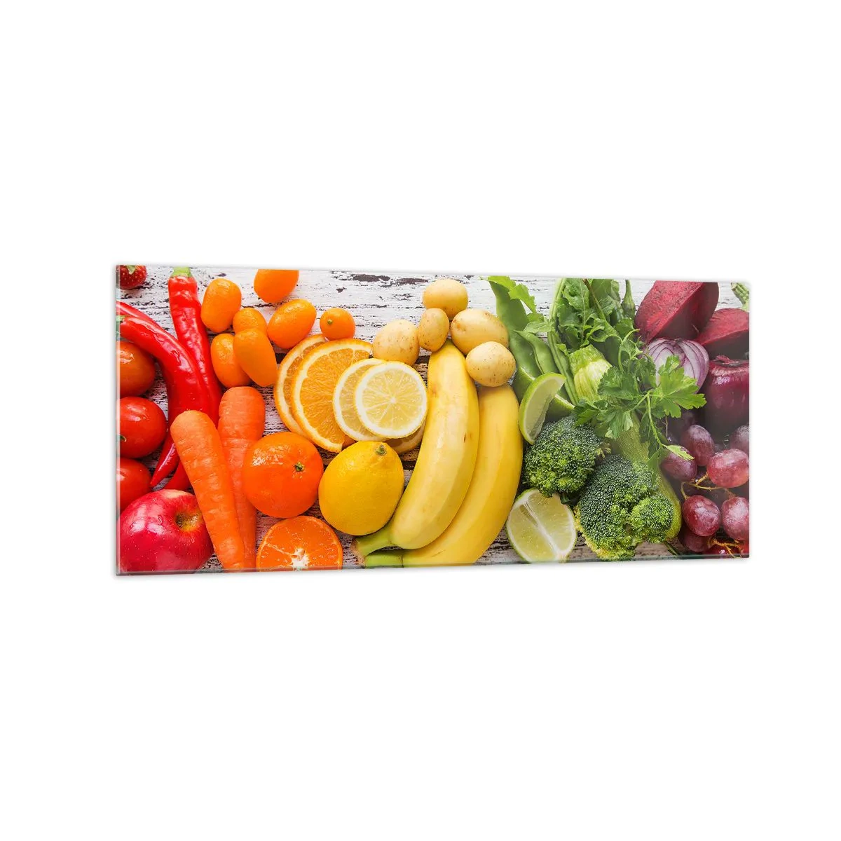 Impression sur verre - Image sur verre - Fruits et légumes colorés sur fond de bois - 120x50cm - Ce n'est pas suffisant? - Décoration murale moderne pour le salon et la chambre ARTTOR