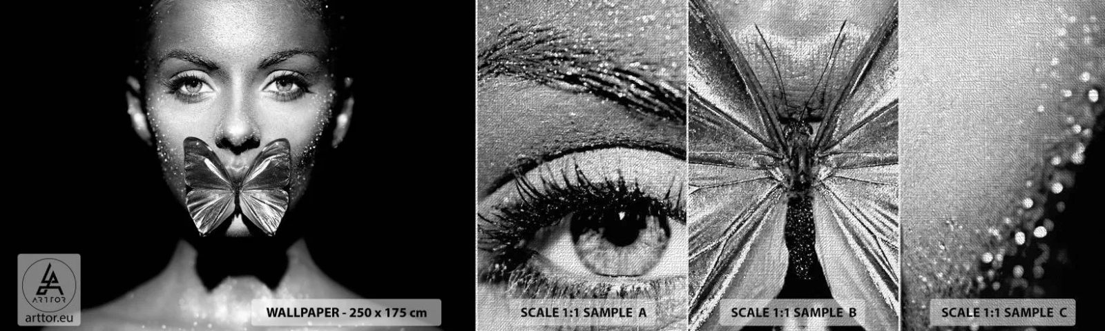 Échantillon de Papier Peint Premium Canvas - Baiser papillon - Abstraction, Femme, Papillon - 100x30 cm