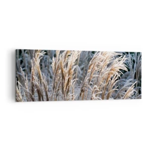 Impression sur toile - Image sur toile - Brins d'herbe d'hiver recouverts de givre sur un fond vert foncé - 140x50cm - Habillé de givre - Décoration murale moderne pour le salon et la chambre ARTTOR