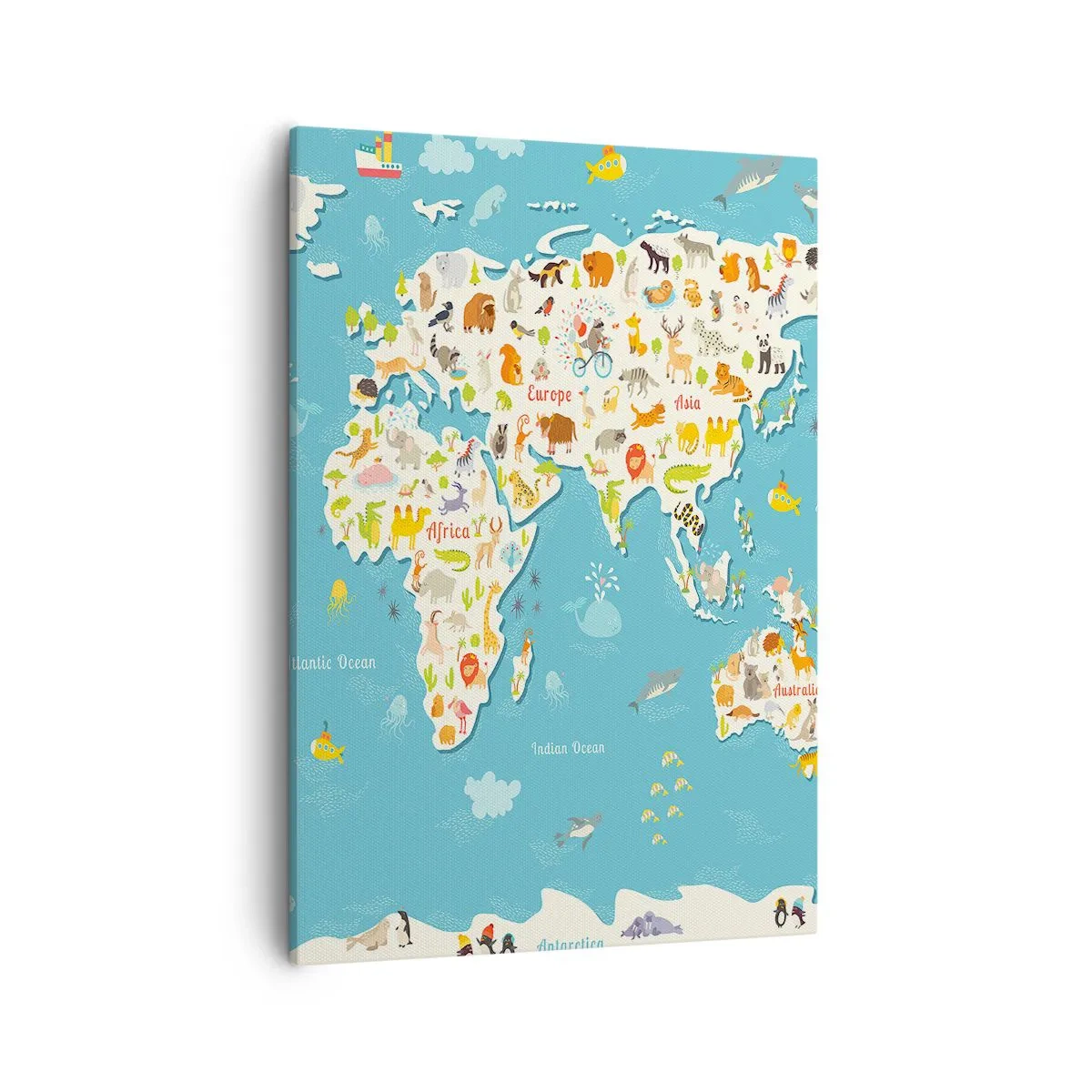 Impression sur toile - Image sur toile - Carte du monde colorée avec des illustrations d'animaux - 50x70cm - Nous aimons le monde entier - Décoration murale moderne pour le salon et la chambre ARTTOR