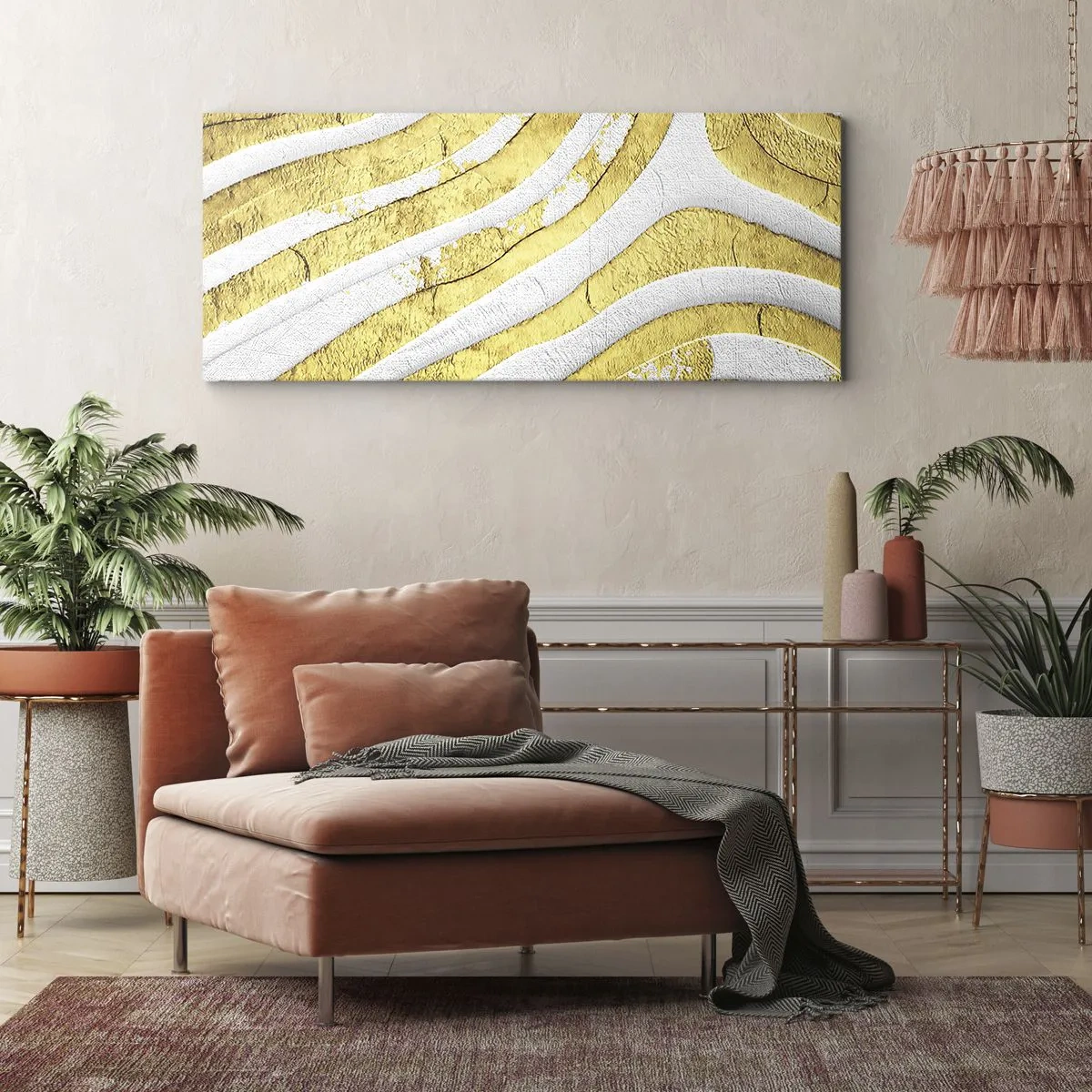 Impression sur toile - Image sur toile - Lignes abstraites dorées et blanches dans une texture 3D - 120x50cm - Composition en blanc et or - Décoration murale moderne pour le salon et la chambre ARTTOR