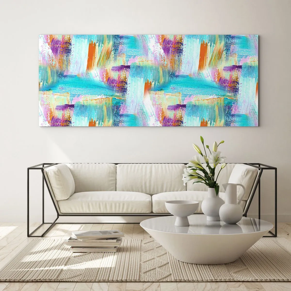 Impression sur verre - Image sur verre - Abstraction colorée avec des coups de pinceau dynamiques - 160x50cm - Labyrinthe reluisant - Décoration murale moderne pour le salon et la chambre ARTTOR