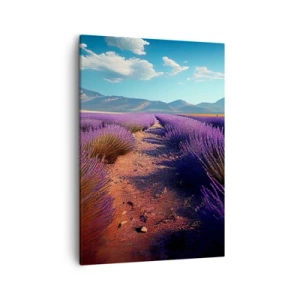 Impression sur toile - Image sur toile - Un champ de lavande avec vue sur les montagnes et le ciel bleu - 50x70cm - Champs parfumés - Décoration murale moderne pour le salon et la chambre ARTTOR