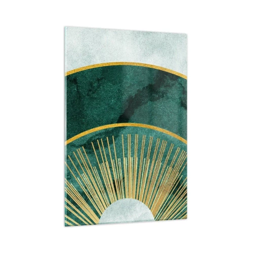 Impression sur verre - Image sur verre - Motif abstrait avec des cercles aux couleurs émeraude et or. - 80x120cm - Un autre système solaire - Décoration murale moderne pour le salon et la chambre ARTTOR