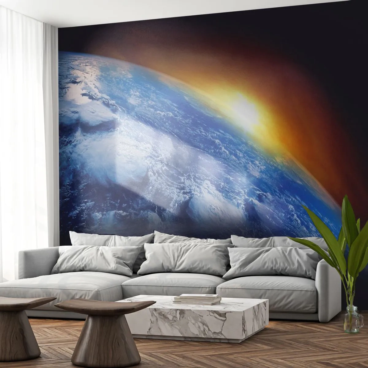 Papier Peint Photo Premium Sand - Vue de la Terre depuis l'espace illuminée par les rayons du soleil - 100x70cm - Lever de soleil sur la planète bleue - Décoration murale moderne pour le salon et la chambre ARTTOR