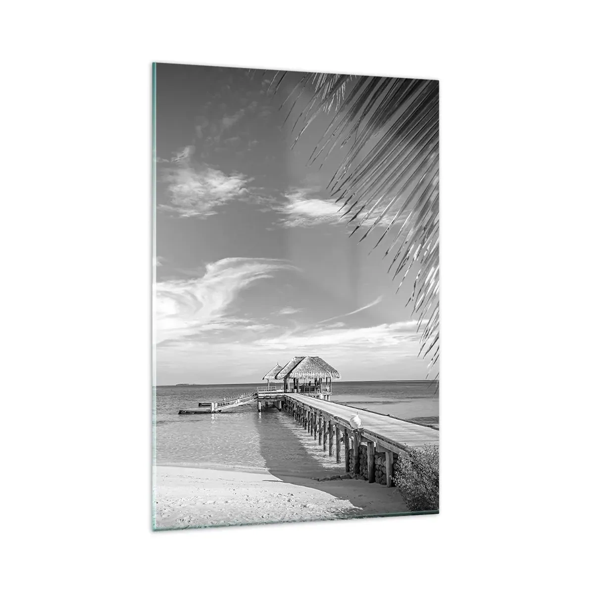 Impression sur verre - Image sur verre - Plage noire et blanche avec jetée et palmiers sur une côte tropicale - 80x120cm - Souvenirs ou rêve? - Décoration murale moderne pour le salon et la chambre ARTTOR