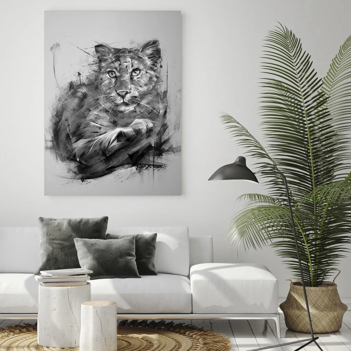 Impression sur verre - Image sur verre - Portrait noir et blanc d'un lion dans un style artistique avec des traits dynamiques. - 70x100cm - Oui, j'écoute attentivement - Décoration murale moderne pour le salon et la chambre ARTTOR
