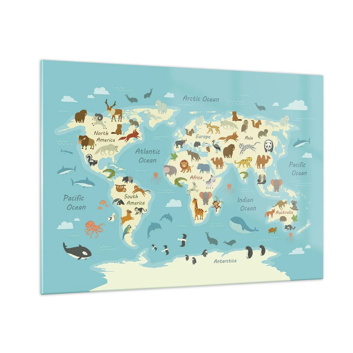 Impression sur verre - Image sur verre - Une carte du monde colorée avec des illustrations d'animaux de différents continents. - 100x70cm - De bons voisins - Décoration murale moderne pour le salon et la chambre ARTTOR