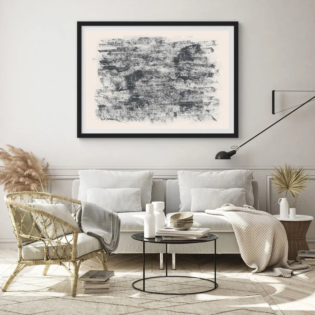 Affiche dans un cadre noir - Poster - Composition brumeuse abstraite dans des tons de gris - 70x50cm - Composition brumeuse - Décoration murale moderne pour le salon et la chambre ARTTOR