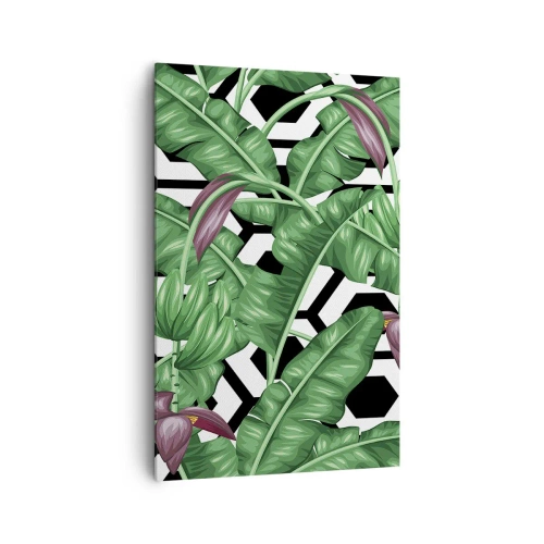 Impression sur toile - Image sur toile - Feuilles tropicales sur fond géométrique - 80x120cm - Une composition symétrique par nature - Décoration murale moderne pour le salon et la chambre ARTTOR