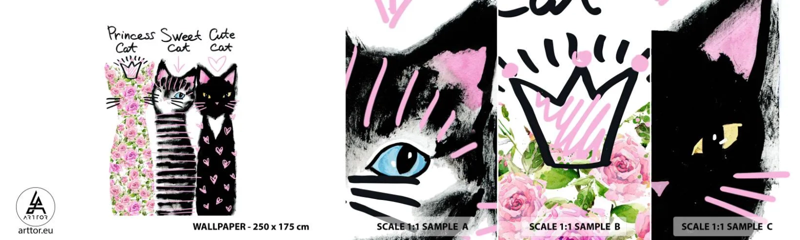 Échantillon de Papier Peint Autocollant Deluxe Sticker - Il y avait trois chats - Pour les enfants, Chat, Animaux - 100x30 cm