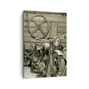 Impression sur toile - Image sur toile - Atelier rétro avec motos et outils - 50x70cm - Dans le hangar de l'oncle Władek - Décoration murale moderne pour le salon et la chambre ARTTOR