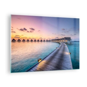 Impression sur verre - Image sur verre - Jetée en bois menant à des chalets de luxe au bord de l'eau au coucher du soleil - 70x50cm - Vacances - retour aux sources - Décoration murale moderne pour le salon et la chambre ARTTOR