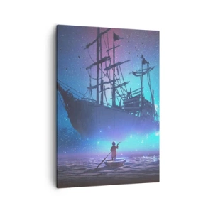 Impression sur toile - Image sur toile - Un navire fantastique contre le ciel étoilé - 50x70cm - A la rencontre du mythe de la mer - Décoration murale moderne pour le salon et la chambre ARTTOR