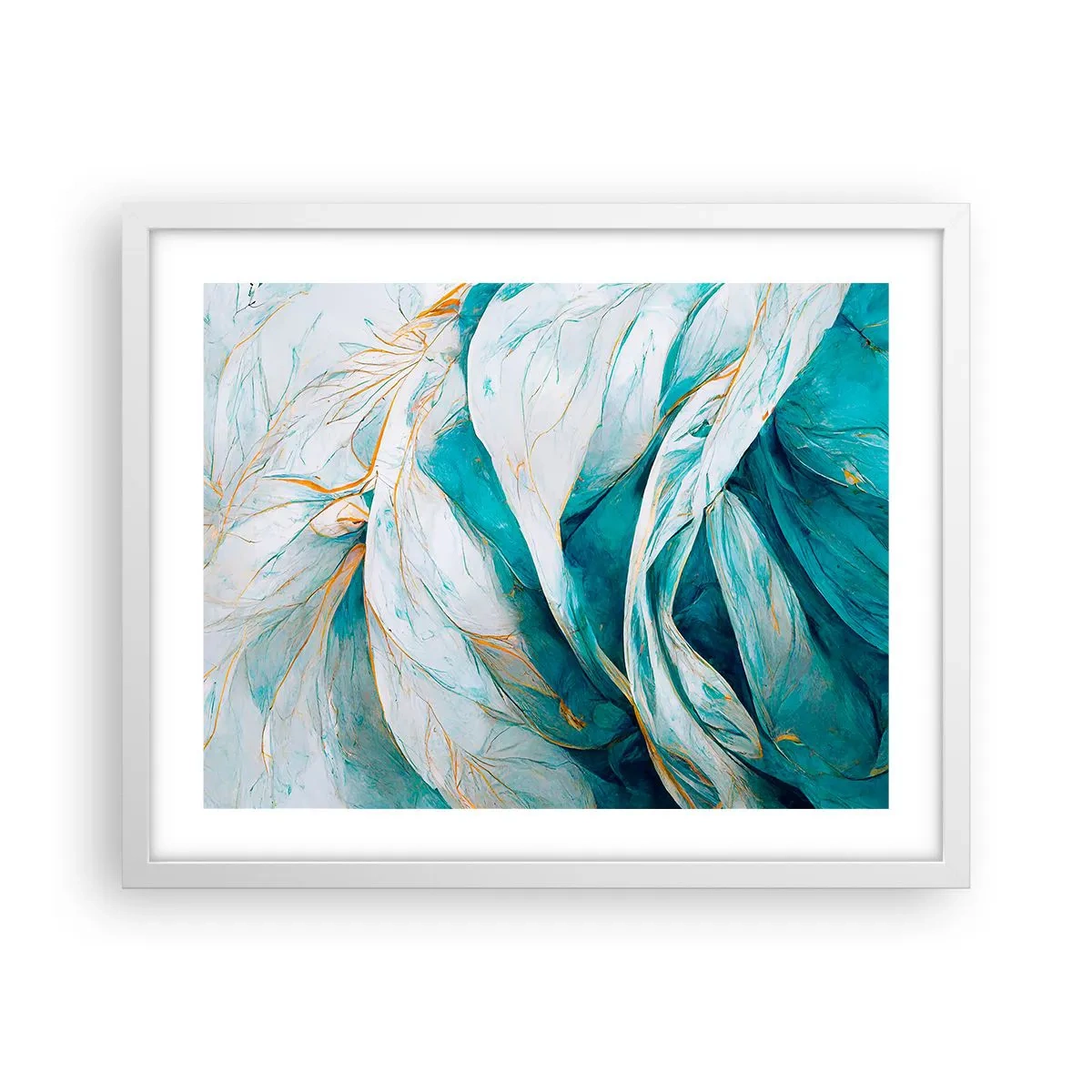 Affiche dans un cadre blanc - Poster - Abstraction bleue avec un motif doré - 50x40 cm