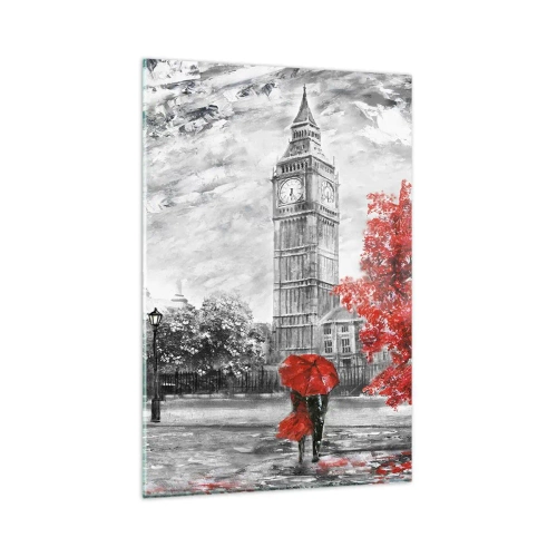 Impression sur verre - Image sur verre - Vue emblématique de Londres avec Big Ben, un bus rouge et un parapluie - 80x120cm - Une journée passionnante - Décoration murale moderne pour le salon et la chambre ARTTOR