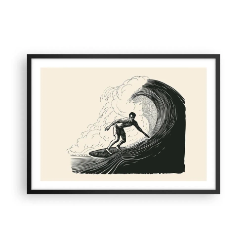 Affiche dans un cadre noir - Poster - Graphique en noir et blanc d'un surfeur sur une vague - 70x50cm - Le roi de la vague - Décoration murale moderne pour le salon et la chambre ARTTOR