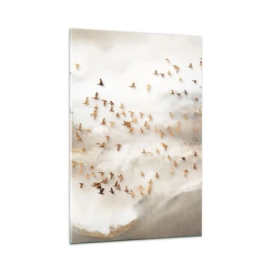 Impression sur verre - Image sur verre - Oiseaux dorés contre les montagnes brumeuses - 80x120cm - Il est l'heure… - Décoration murale moderne pour le salon et la chambre ARTTOR