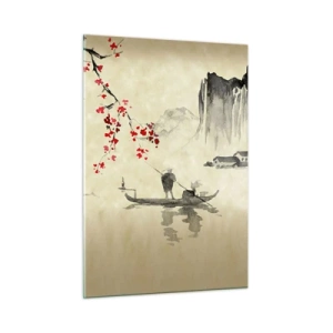 Impression sur verre - Image sur verre - Scène de pêche orientale avec branche de cerisier en fleurs et montagnes - 50x70cm - Au pays des cerisiers en fleurs - Décoration murale moderne pour le salon et la chambre ARTTOR