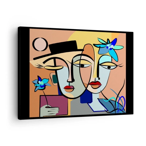 Impression sur toile - Image sur toile - Portraits cubistes aux couleurs vives avec un motif floral - 70x50cm - Le Rendez-vous de Picasso - Décoration murale moderne pour le salon et la chambre ARTTOR