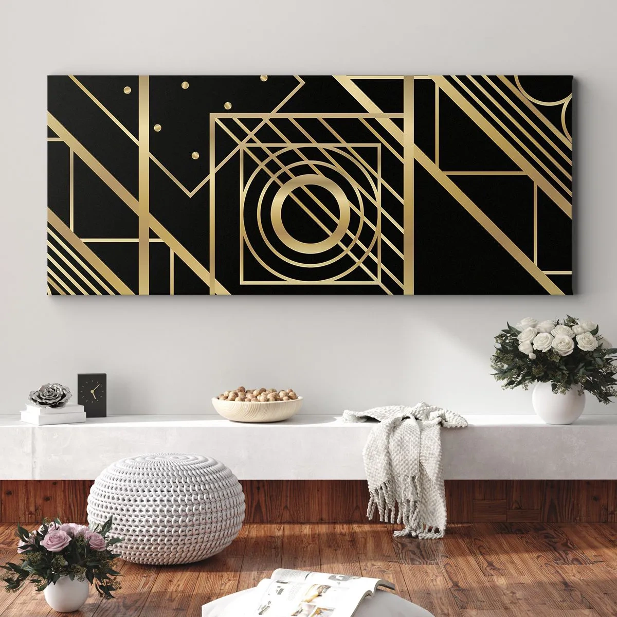 Impression sur toile - Image sur toile - Motifs géométriques dorés sur fond noir - 120x50cm - Géométrie en or - Décoration murale moderne pour le salon et la chambre ARTTOR