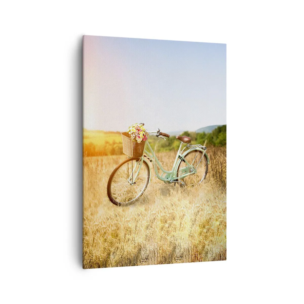 Impression sur toile - Image sur toile - Un vélo rétro avec un panier rempli de fleurs sur fond de prairie. - 70x100cm - Je vais rester un petit moment - Décoration murale moderne pour le salon et la chambre ARTTOR