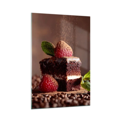 Impression sur verre - Image sur verre - Gâteau au chocolat aux framboises et à la menthe sur fond de fèves de cacao - 70x100cm - La vie est douce - Décoration murale moderne pour le salon et la chambre ARTTOR