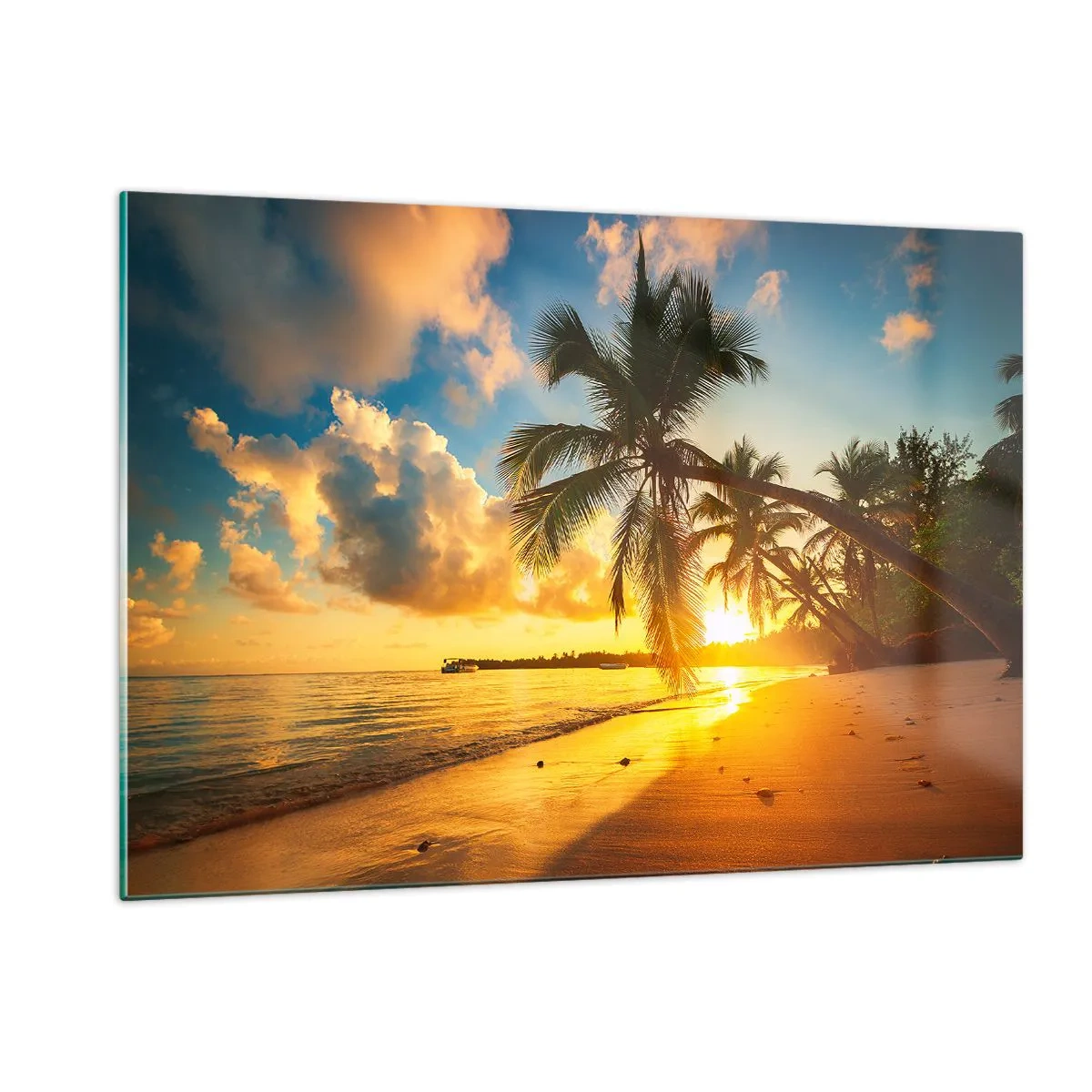 Impression sur verre - Image sur verre - Plage tropicale avec palmiers au coucher du soleil - 120x80cm - Rêve caribéen - Décoration murale moderne pour le salon et la chambre ARTTOR