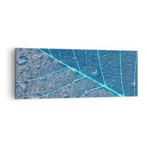 Impression sur toile - Image sur toile - Une feuille dans des tons bleus avec des gouttes d'eau - 140x50cm - La vie en bleu - Décoration murale moderne pour le salon et la chambre ARTTOR