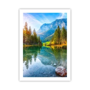 Affiche - Poster - Un lac dans les montagnes entouré d'arbres et le reflet des montagnes dans l'eau - 50x70cm - Douceur automnale - Décoration murale moderne pour le salon et la chambre ARTTOR