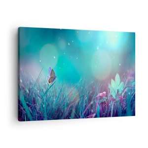 Impression sur toile - Image sur toile - Un papillon sur l'herbe à la lumière de reflets flous - 70x50cm - La vie secrète de la prairie - Décoration murale moderne pour le salon et la chambre ARTTOR
