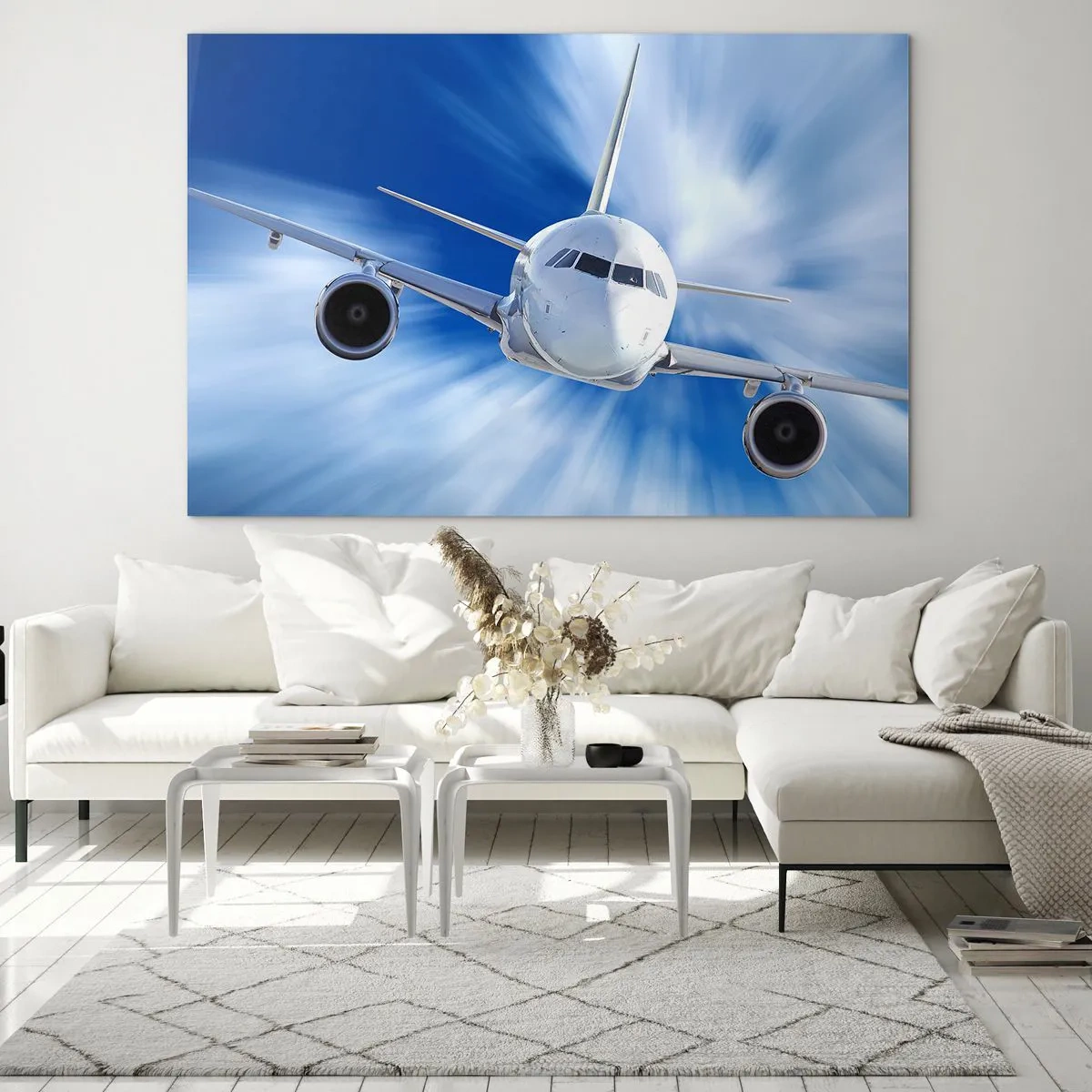 Impression sur verre - Image sur verre - Un avion de ligne contre un ciel bleu dynamique - 120x80cm - Plus vite que le vent dans le ciel - Décoration murale moderne pour le salon et la chambre ARTTOR