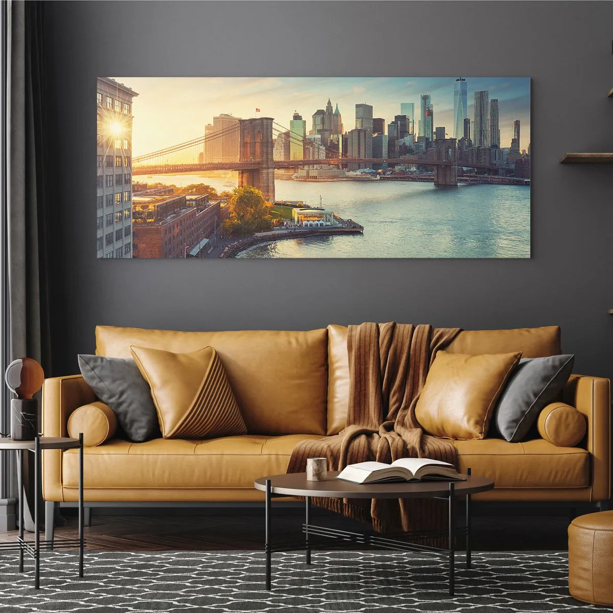 Impression sur verre - Image sur verre - Panorama de la ville avec le pont au coucher du soleil - 140x50cm - L'aube de la grande ville - Décoration murale moderne pour le salon et la chambre ARTTOR