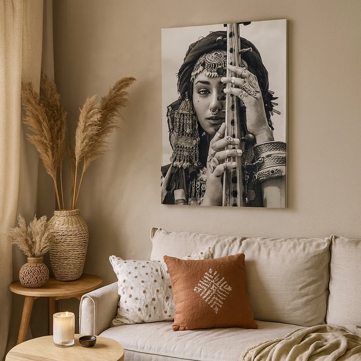 Impression sur toile - Image sur toile - Portrait d'une femme en bijoux ethniques tenant un instrument à la main - 50x70cm - Musique de l'Orient elle-même - Décoration murale moderne pour le salon et la chambre ARTTOR