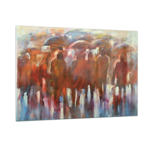 Impression sur verre - Image sur verre - Une foule de personnes avec des parapluies dans une abstraction artistique - 120x80cm - Identiques sous la pluie et dans le brouillard - Décoration murale moderne pour le salon et la chambre ARTTOR