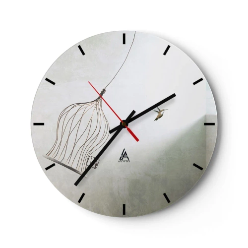Horloge murale - Pendule murale - Un oiseau quittant sa cage sur un fond clair - 30x30cm - Dans son élément - Décoration murale moderne pour le salon, la cuisine et la chambre ARTTOR