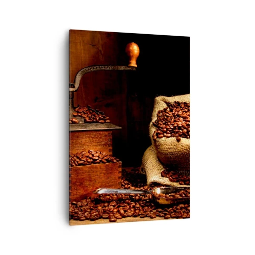 Impression sur toile - Image sur toile - Un vieux moulin à café avec des grains et un sac dans un style rustique. - 70x100cm - Nature morte avec grains de café et moulin - Décoration murale moderne pour le salon et la chambre ARTTOR