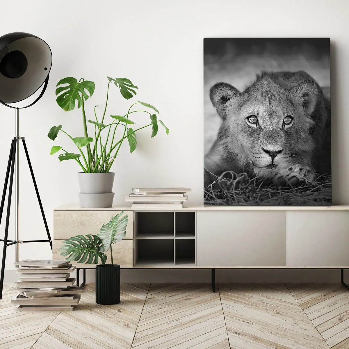 Impression sur toile - Image sur toile - Portrait monochrome d'un jeune lion couché - 80x120cm - Chiot royal - Décoration murale moderne pour le salon et la chambre ARTTOR