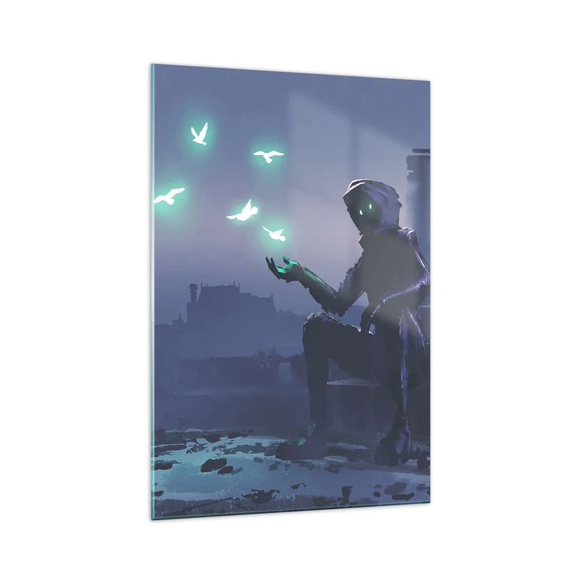 Impression sur verre - Image sur verre - Une silhouette encapuchonnée avec des oiseaux magiques en arrière-plan d'une ville - 70x100cm - La vie reviendra - Décoration murale moderne pour le salon et la chambre ARTTOR