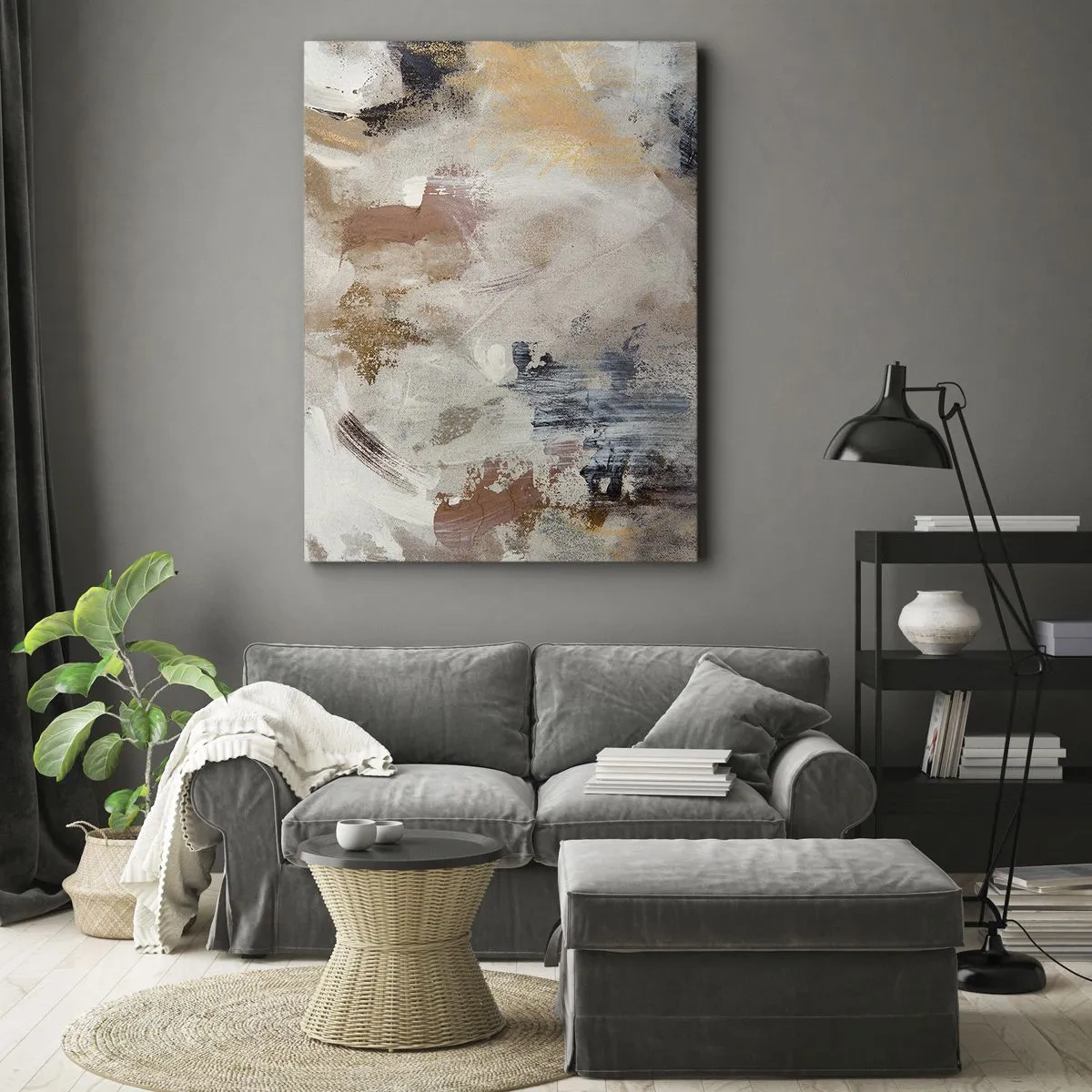 Impression sur toile - Image sur toile - Taches abstraites dans des tons neutres de beige et d'or - 50x70cm - Abstraction brumeuse - Décoration murale moderne pour le salon et la chambre ARTTOR