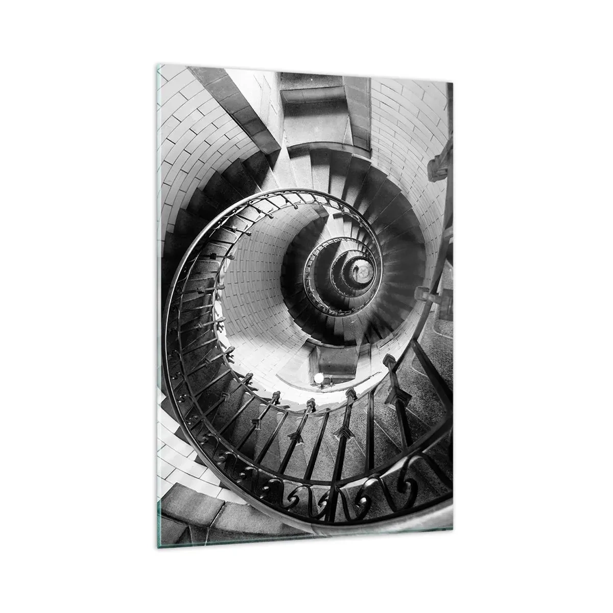 Impression sur verre - Image sur verre - Photographie en noir et blanc d'un escalier en colimaçon avec une perspective de haut en bas - 80x120cm - De plus en plus haut - Décoration murale moderne pour le salon et la chambre ARTTOR