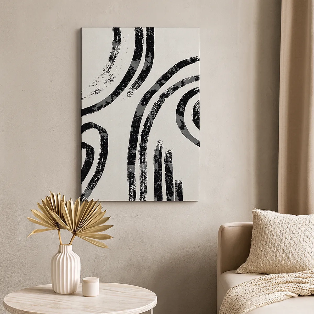 Impression sur toile - Image sur toile - Lignes abstraites noires et blanches sur fond clair - 50x70cm - À moitié arrêté - Décoration murale moderne pour le salon et la chambre ARTTOR