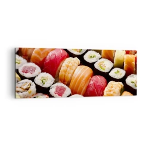 Impression sur toile - Image sur toile - Sushis colorés disposés en rangées avec diverses garnitures - 140x50cm - Couleurs et saveurs d'Asie - Décoration murale moderne pour le salon et la chambre ARTTOR