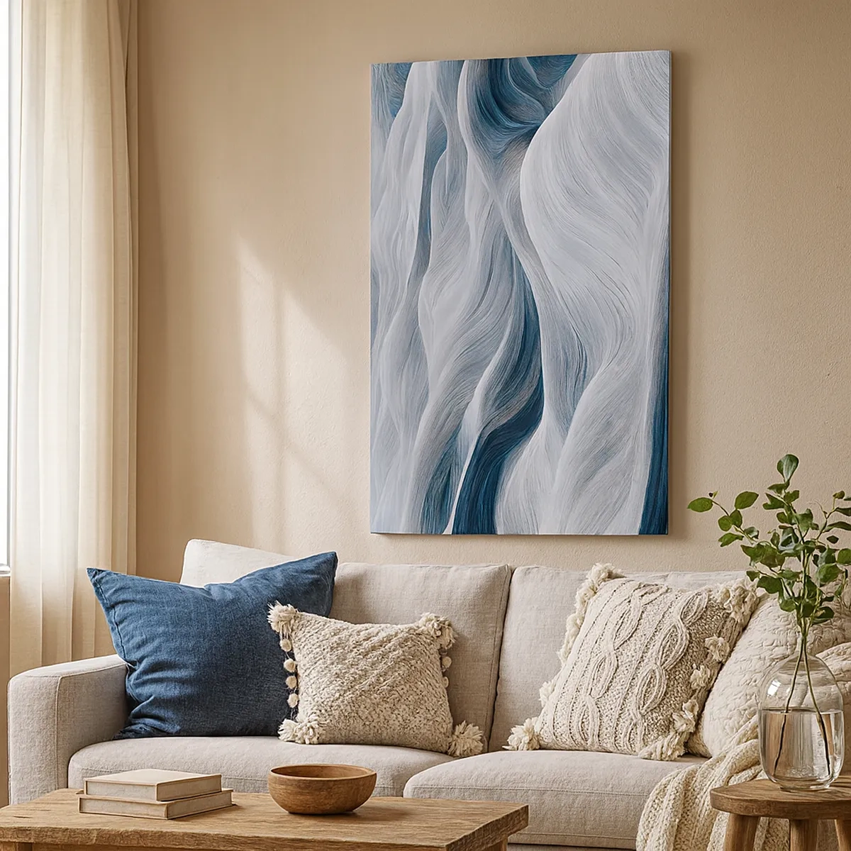 Impression sur toile - Image sur toile - Lignes ondulées dans des tons de bleu et de blanc - 50x70cm - Vagues blanches et bleues - Décoration murale moderne pour le salon et la chambre ARTTOR