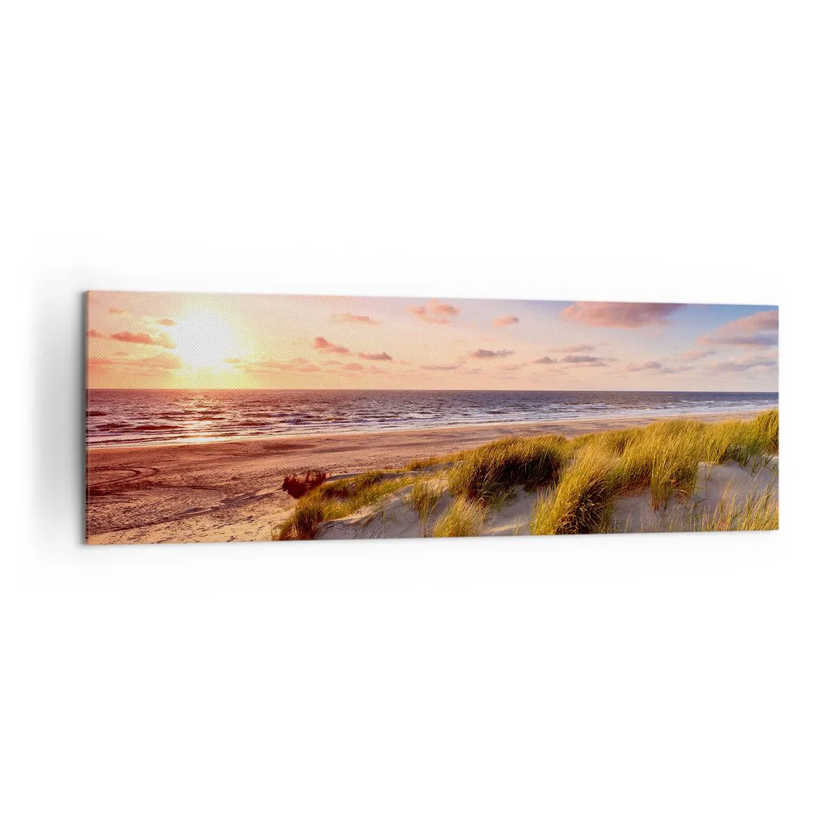 Impression sur toile - Image sur toile - Une plage herbeuse et un coucher de soleil sur une mer calme - 160x50cm - L'air sent déjà l'été - Décoration murale moderne pour le salon et la chambre ARTTOR